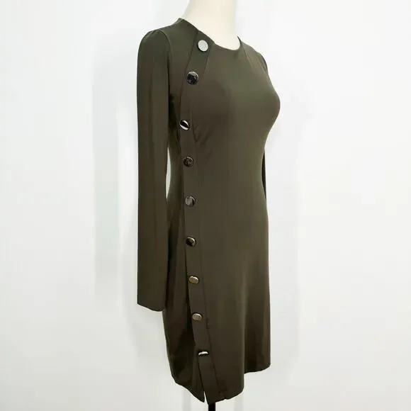 Susana Monaco Button Detail Dress Olive Green Long Sleeve Bodycon Office Size S - Picture 4 of 10